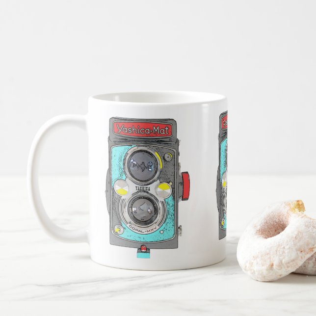 Pop Art Vintage Camera. Coffee Mug (With Donut)
