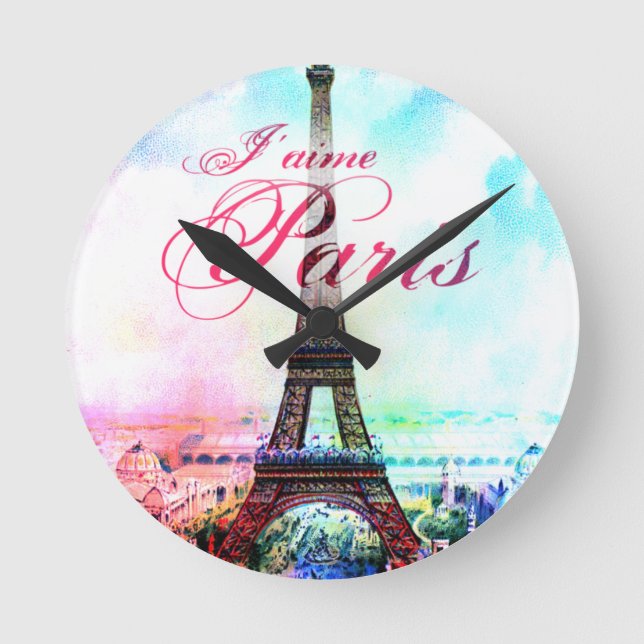 Pop Art Vintage Eiffel Tower Round Clock (Front)