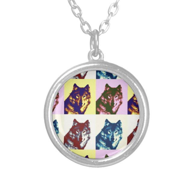 Pop Art Wolf Silver Plated Necklace (Front)
