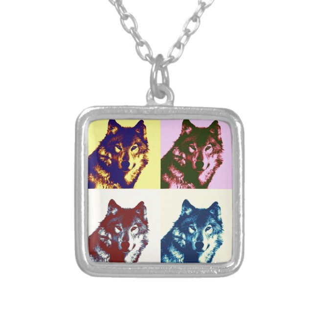 Pop Art Wolf Silver Plated Necklace (Front)