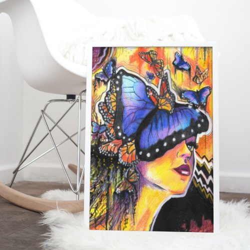 Pop Art Woman Blue Butterfly Portrait Poster