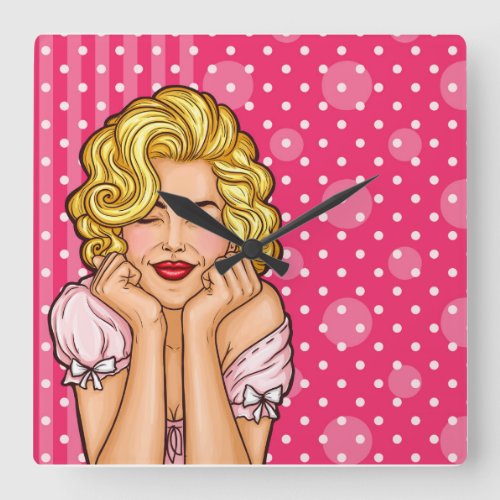 Pop Art Woman Dreaming Square Wall Clock