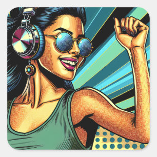 Pop Art Woman in Headphones Dancing Square Sticker