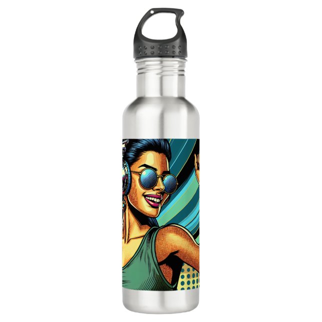 Pop Art Woman in Headphones Dancing Stainless Steel Water Bottle (Front)