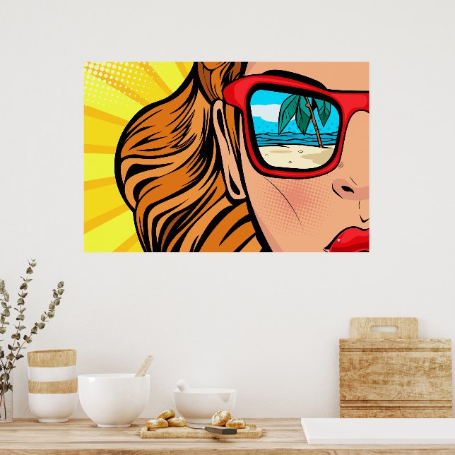 Pop Art Woman in Sunglasses at Beach Poster | Zazzle