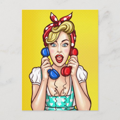 Pop Art Woman on Two Phones postcard