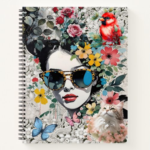 Pop Art Woman Vintage Cat Red Bird Floral and Lace Notebook