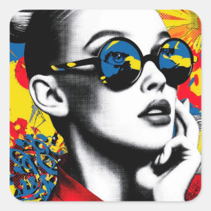 Pop art woman with sunglasses square sticker