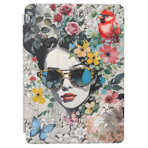 Pop Art Womans Face Bird and Vintage Cat Floral  iPad Air Cover