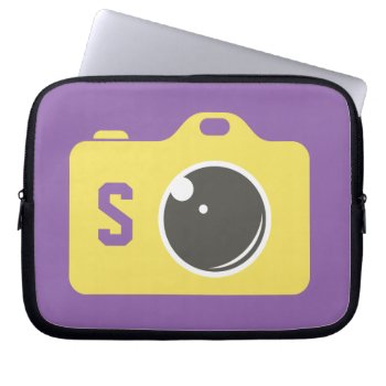 Pop Art Yellow Camera Purple Monogram Laptop Sleeve by DippyDoodle at Zazzle