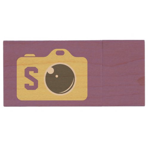 Pop Art Yellow Camera Purple Monogram Wood Flash Drive