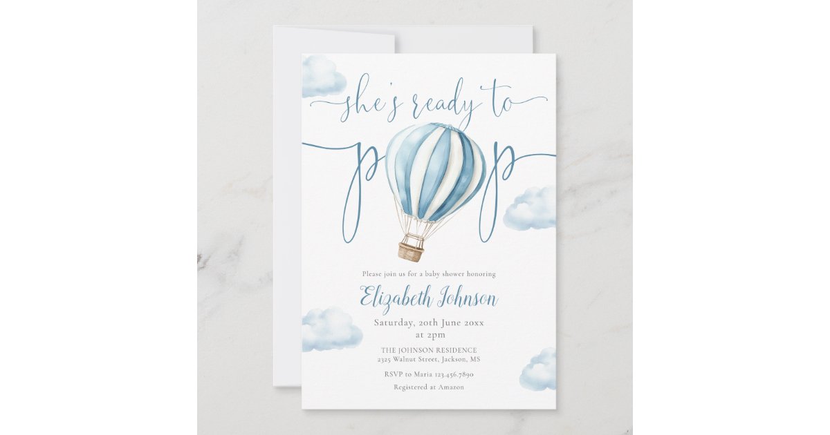 Pop Blue Balloon Boy QR Code Photo Baby Shower Invitation | Zazzle