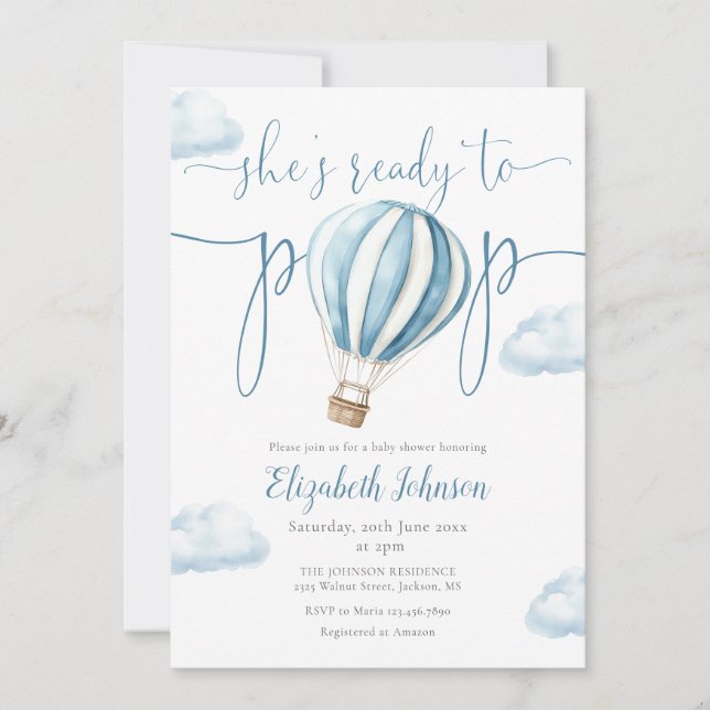 Pop Blue Balloon Boy QR Code Photo Baby Shower Invitation (Front)