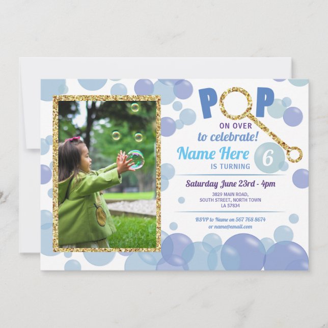 POP Bubble Birthday Blue Photo Glitter Gold Invitation (Front)