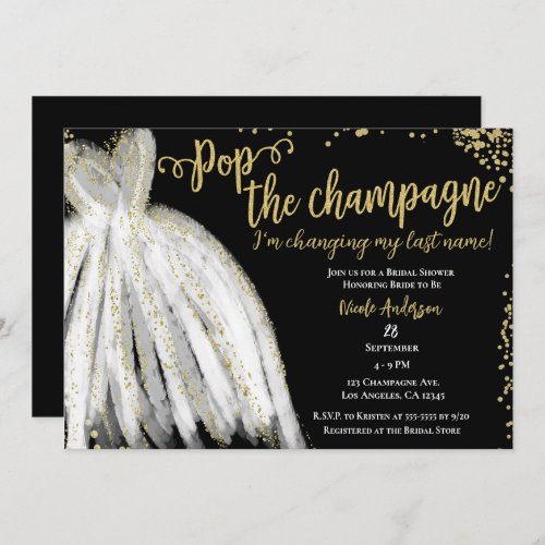 Pop Champagne Dress  Gold Glitter Bridal Shower  Invitation