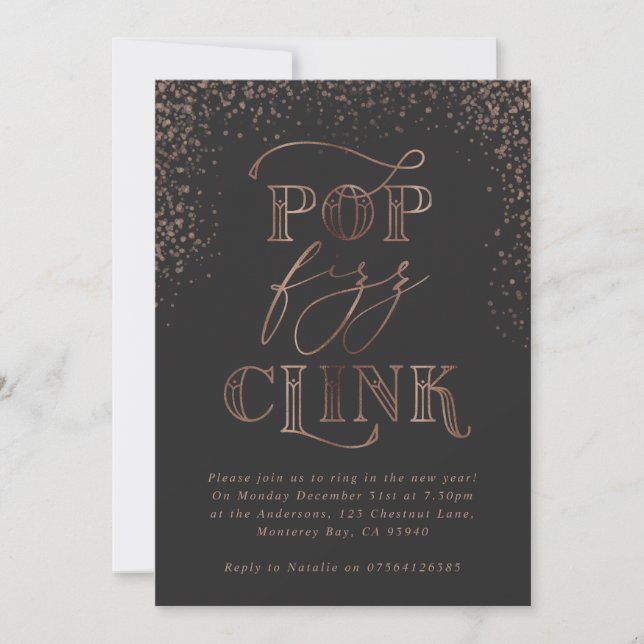 pop clink fizz bronze holiday party invitation (Front)