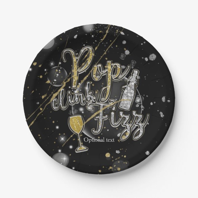 POP CLINK FIZZ Champagne Bubbles Party Celebration Paper Plates (Front)