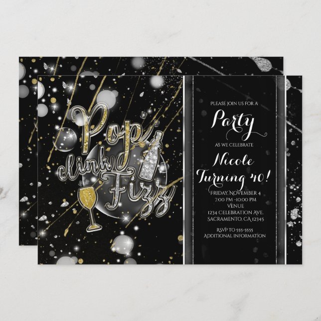 POP CLINK FIZZ Champagne Bubbles Party Invitations (Front/Back)