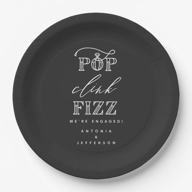 Pop clink fizz engagement party paper plates (Front)