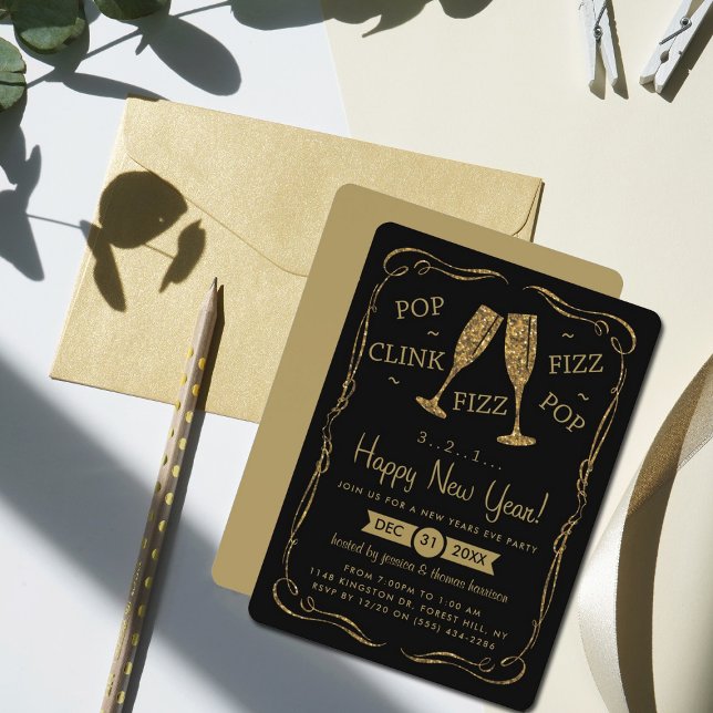 Pop, Clink, Fizz, Gold New Years Eve Party Invitation (Creator Uploaded)