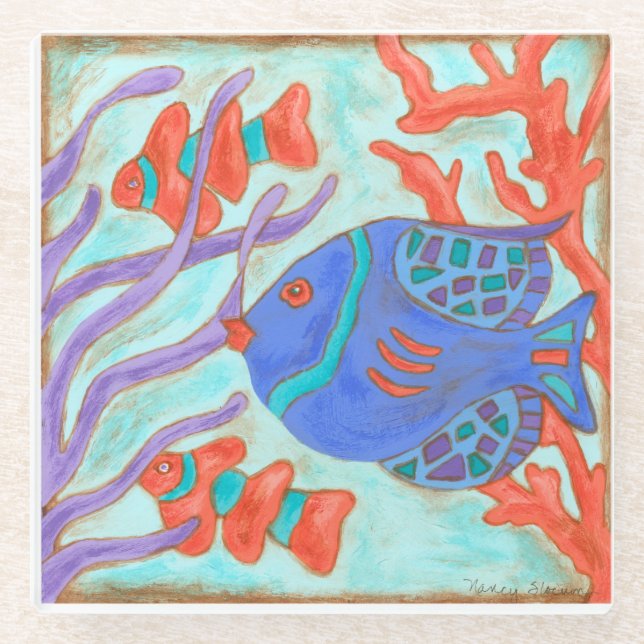 Pop-Colored Fish Glass Coaster (Front)