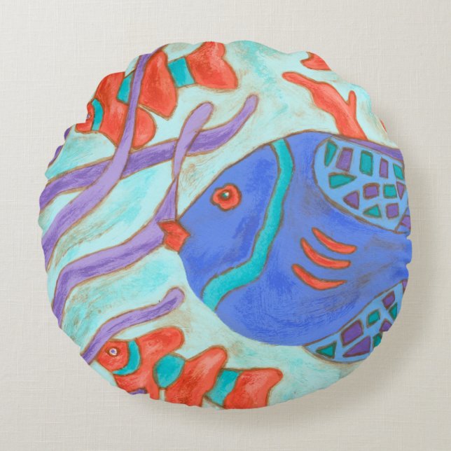 Pop-Colored Fish Round Pillow (Front)