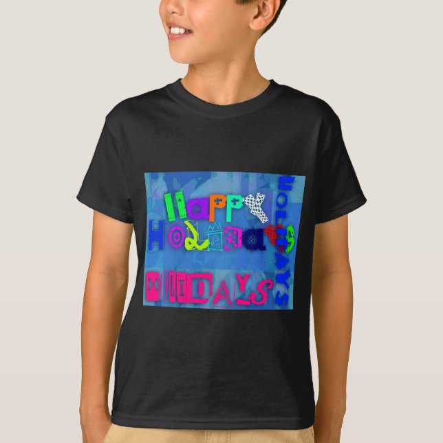 Pop Colorful Happy Holidays Black Kids Tee (Front)