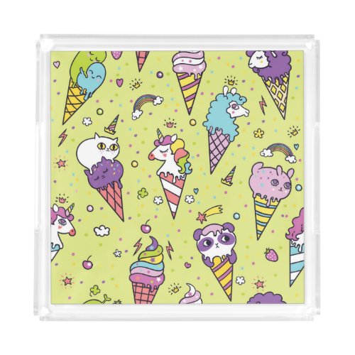 Pop Cute Ice Cream Animal Pattern Acrylic Tray