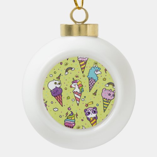 Pop Cute Ice Cream Animal Pattern Ceramic Ball Christmas Ornament