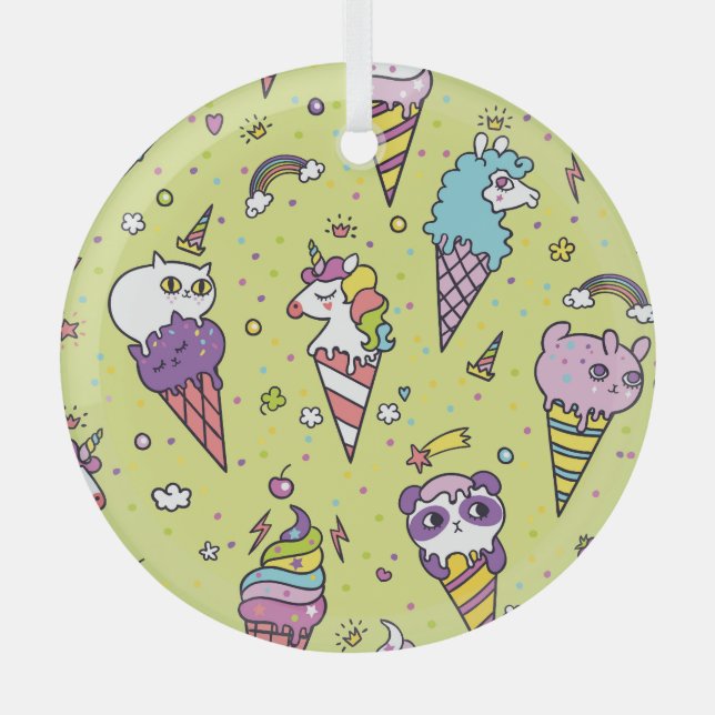 Pop Cute Ice Cream: Animal Pattern Glass Ornament (Front)