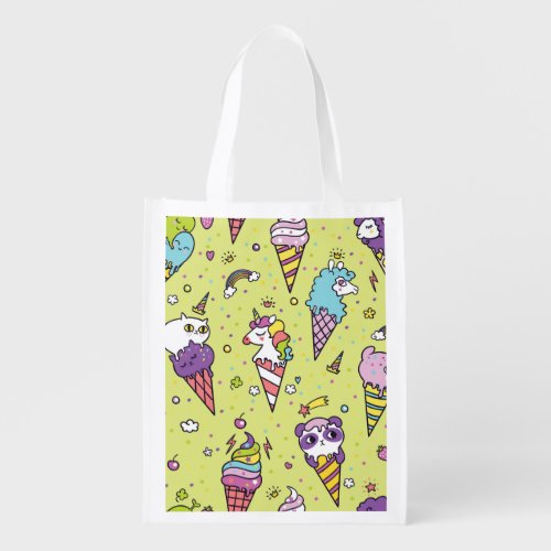 Pop Cute Ice Cream Animal Pattern Grocery Bag