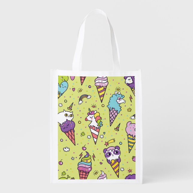 Pop Cute Ice Cream: Animal Pattern Grocery Bag (Front)