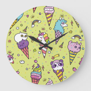 Pop Cute Ice Cream: Animal Pattern Large Clock