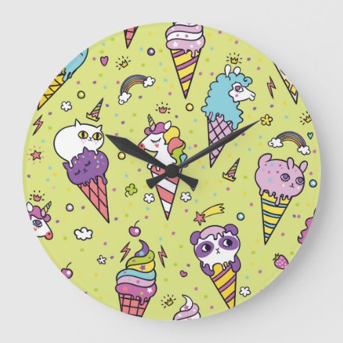 Pop Cute Ice Cream Animal Pattern Large Clock