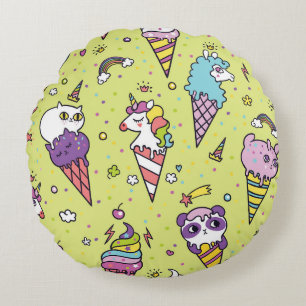 Pop Cute Ice Cream: Animal Pattern Round Pillow