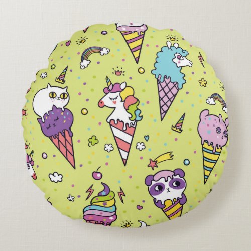 Pop Cute Ice Cream Animal Pattern Round Pillow
