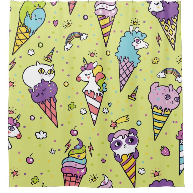 Pop Cute Ice Cream: Animal Pattern Shower Curtain (Front)