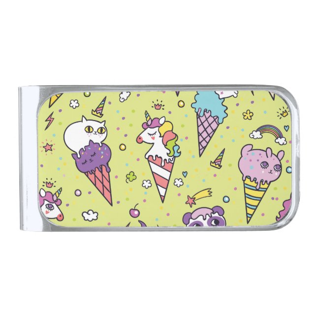 Pop Cute Ice Cream: Animal Pattern Silver Finish Money Clip (Front)