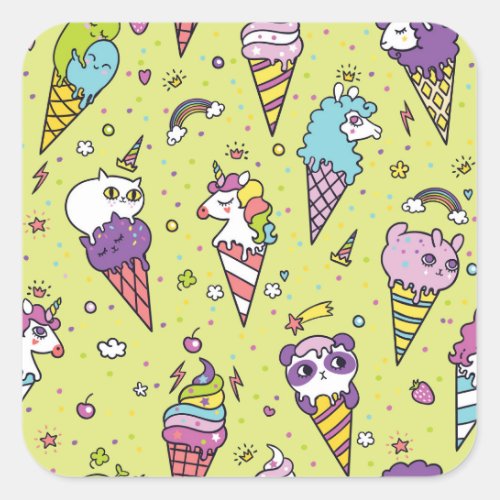 Pop Cute Ice Cream Animal Pattern Square Sticker
