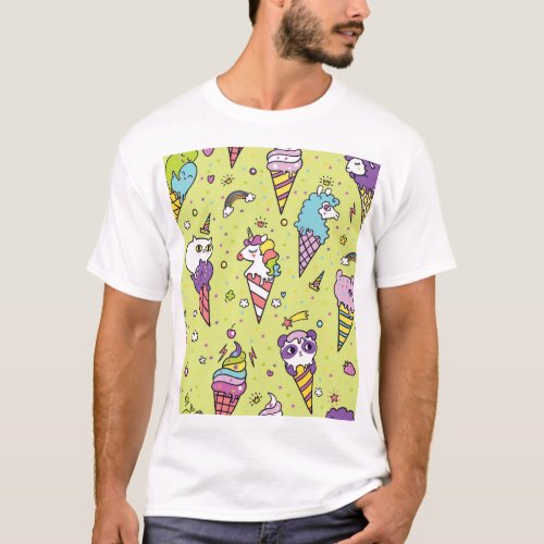 Pop Cute Ice Cream Animal Pattern T_Shirt