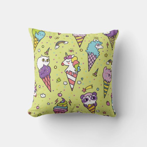 Pop Cute Ice Cream Animal Pattern Throw Pillow