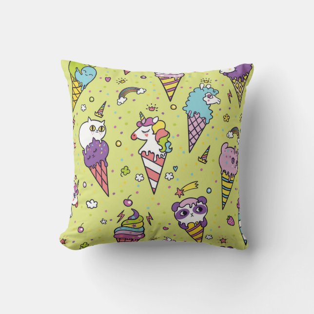 Pop Cute Ice Cream: Animal Pattern Throw Pillow (Front)