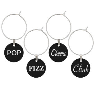 Pop, Fizz, Cheers, Clink Wine Charms on Black