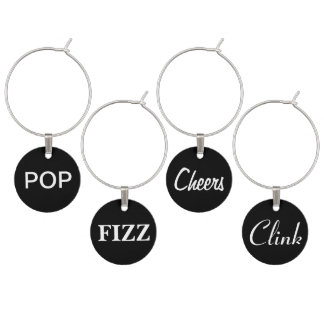 Pop, Fizz, Cheers, Clink Wine Charms on Black