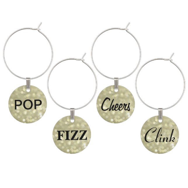 Pop, Fizz, Cheers, Clink Wine Charms on Gold (Staggered)