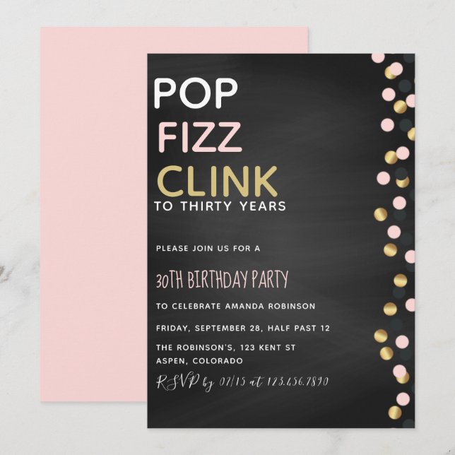 Pop Fizz Clink any age Birthday Chalkboard invite (Front/Back)