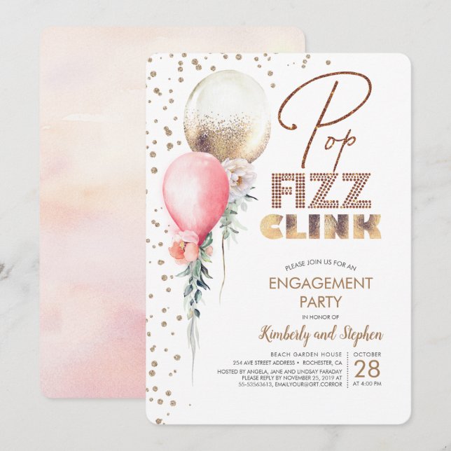 Pop Fizz Clink Balloon Garlands Modern Engagement Invitation (Front/Back)