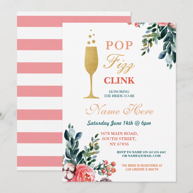Pop Fizz Clink Bridal Shower Champagne Gold Invite (Front/Back)