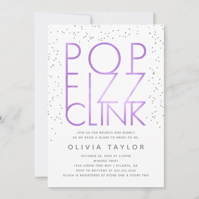 Pop Fizz Clink Bridal Shower Invitation, Purple Invitation (Front)