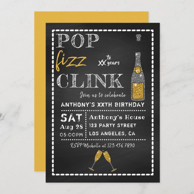 Pop Fizz Clink Chalkboard Milestone Birthday Invitation (Front/Back)